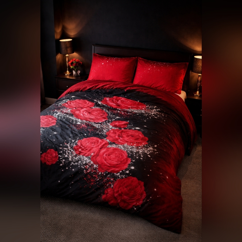 Queen Duvet Cover Set Black Red Roses Floral w/ 2 Pillow Shams Romantic Bedding